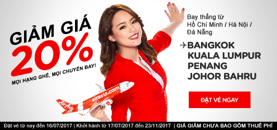 Air Asia khuyến mãi giảm 20% giá vé toàn mạng bay