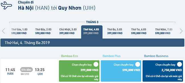 Giá vé máy bay Hà Nội Quy Nhơn Bamboo Airways