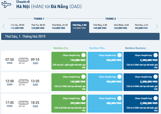 Giá vé máy bay tết đi Đà Nẵng Bamboo Airways
