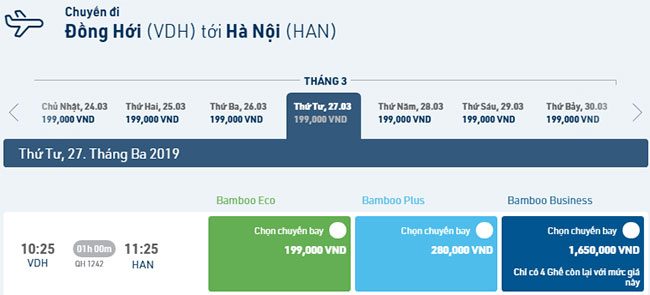 Giá vé máy bay Bamboo Airways Đồng Hới Hà Nội