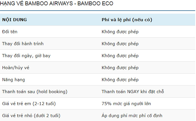 Điều kiện vé máy bay Bamboo Eco
