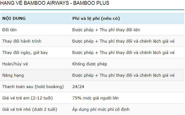 Điều kiện vé máy bay Bamboo Plus