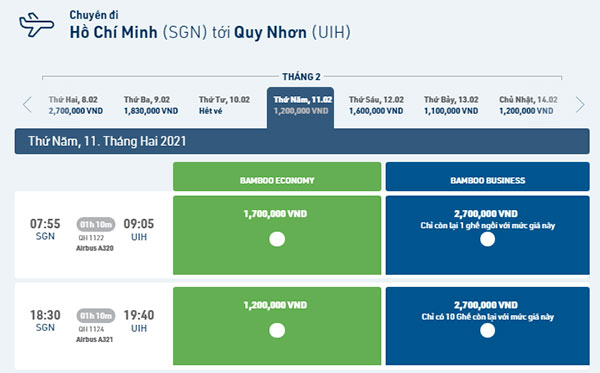 Hành trình giá vé máy bay Tết Sài Gòn - Quy Nhơn