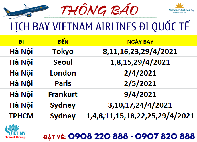 Bảng lịch bay 1 chiều đi Quốc tế của Vietnam Airlines