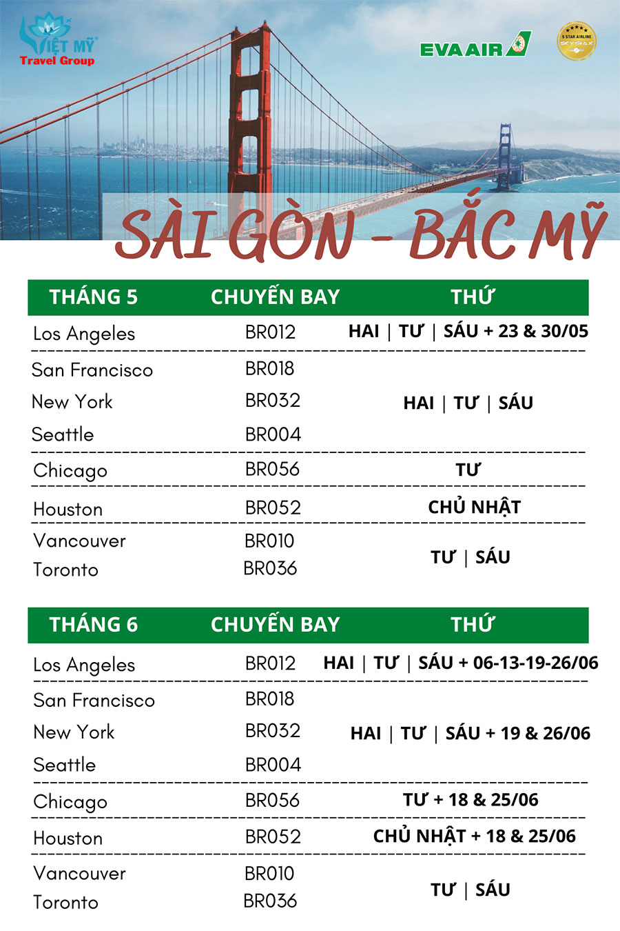 Lịch bay từ Sài Gòn đi Mỹ tháng 6 hãng Eva Air: