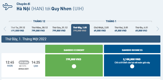 Hành trình giá vé máy bay Tết Hà Nội - Quy Nhơn
