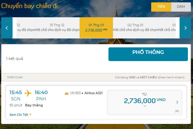 Giá vé chuyến bay thương mại Việt Nam - Cambodia