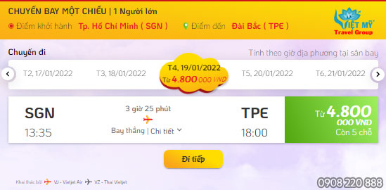 Giá vé máy bay Sài Gòn đi Đài Loan