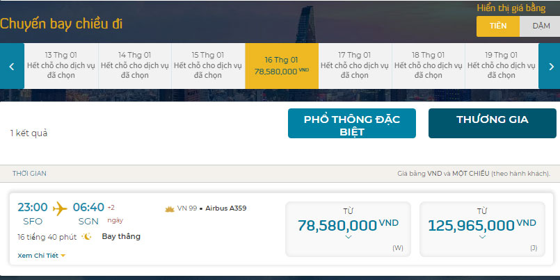 Giá vé máy bay San Francisco (SFO) - TP. Hồ Chí Minh (SGN) của VNA