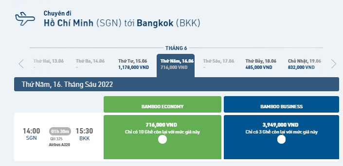 Giá vé máy bay đi Thái Lan hãng Bamboo Airways