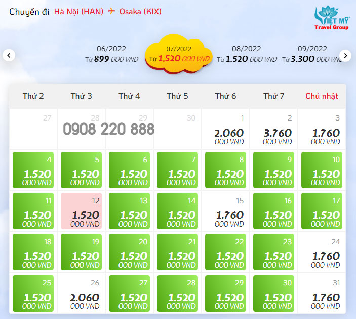 Giá vé máy bay từ Hà Nội đi Osaka