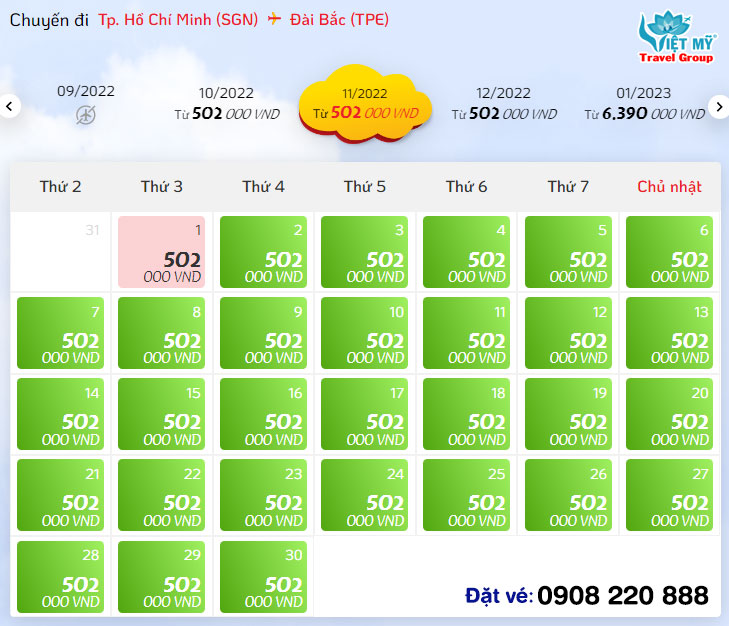 Giá vé máy bay từ TP Hồ Chí Minh đi Taipei hãng Vietjet