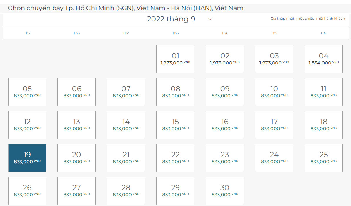 Giá vé máy bay từ TPHCM đi Hà Nội của VNA