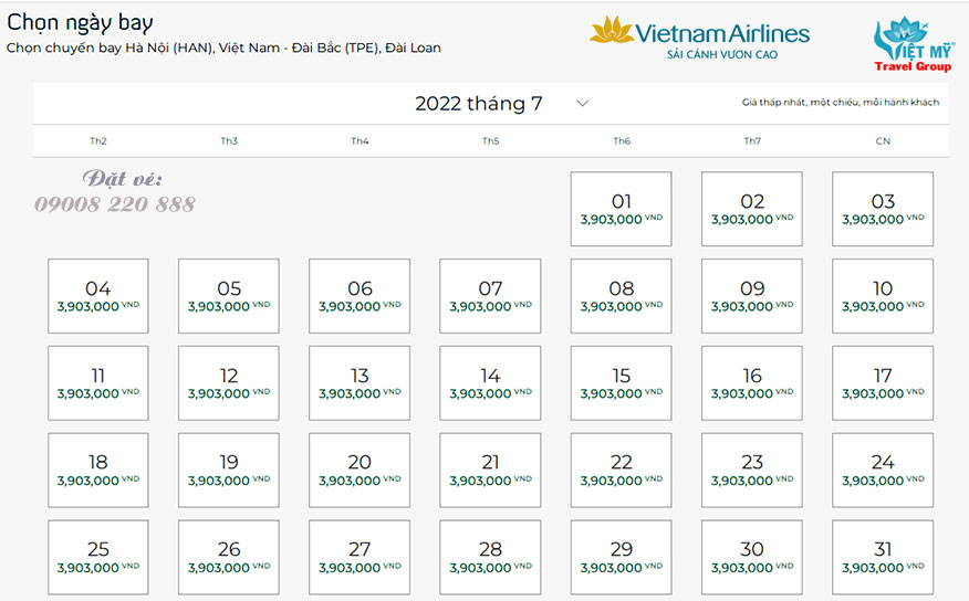 Giá vé từ Hà Nội đi Đài Bắc hãng Vietnam Airlines