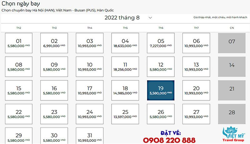 Giá vé bay từ Hà Nội đi Hàn Quốc hãng VNA