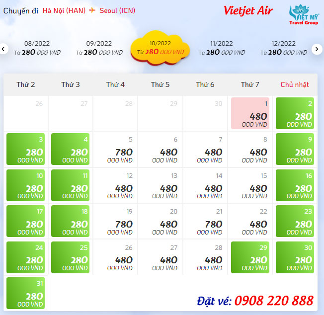 Giá vé máy bay từ Hà Nội đi Hàn Quốc của hãng Vietjet