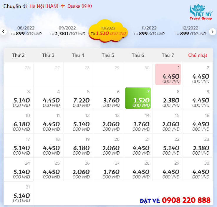 Giá vé máy bay từ Hà Nội đi Osaka hãng Vietjet