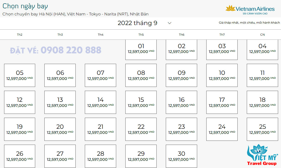 Giá vé máy bay từ Hà Nội đi Tokyo Nhật Bản hãng Vietnam Airlines