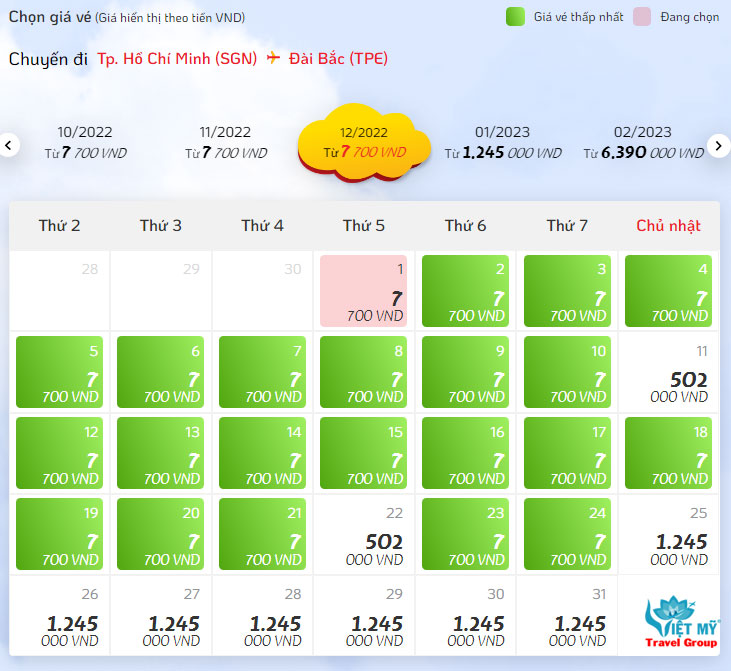 Giá vé máy bay từ Sài Gòn đi Đài Bắc hãng Vietjet Air