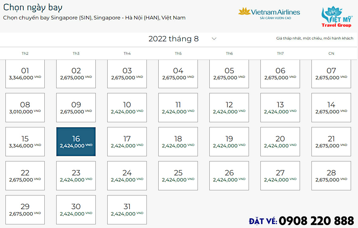 Giá vé máy bay từ sân bay Changi về Nội Bài của VNA