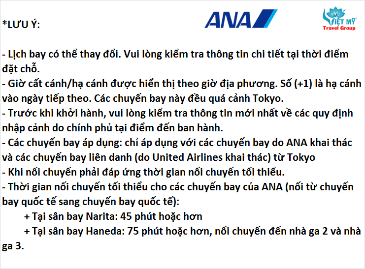 Lưu ý lịch bay tháng 7 từ Hà Nội đến Châu Mỹ hãng ANA