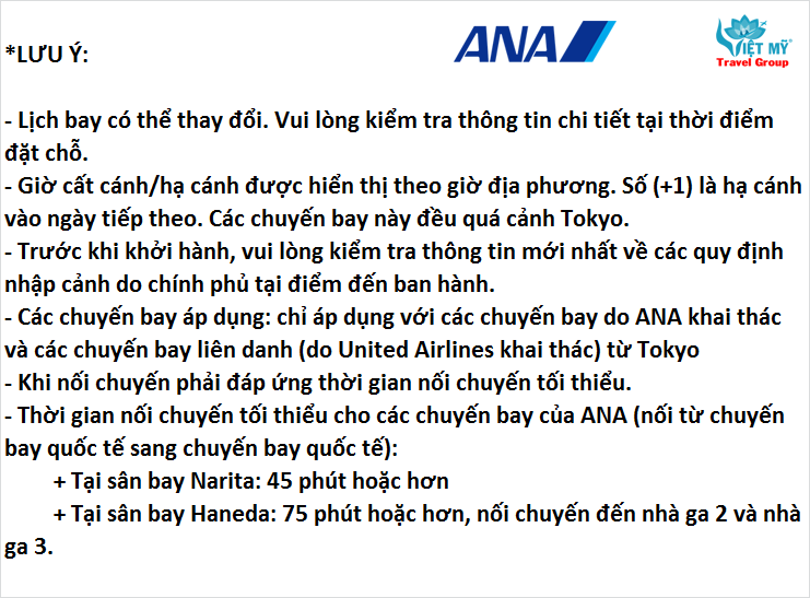 Lưu ý lịch bay tháng 7 từ TPHCM đến Châu Mỹ hãng ANA