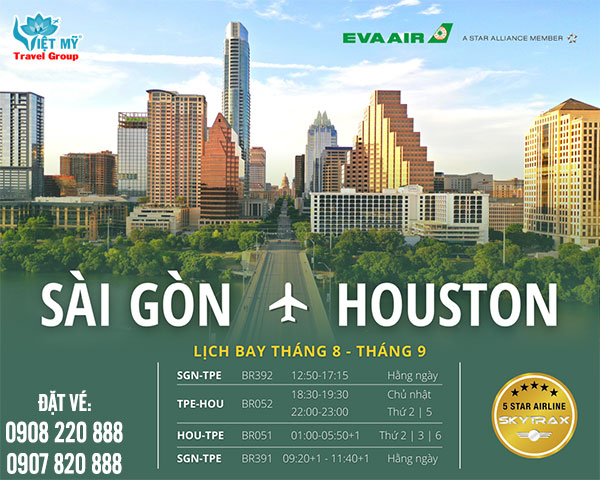 Lịch bay tháng 8,9 giữa Sài Gòn - Houston hãng EVA
