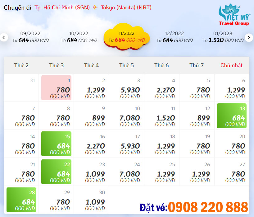 Bảng giá vé bay từ Tân Sơn Nhất đi Narita hãng Vietjet