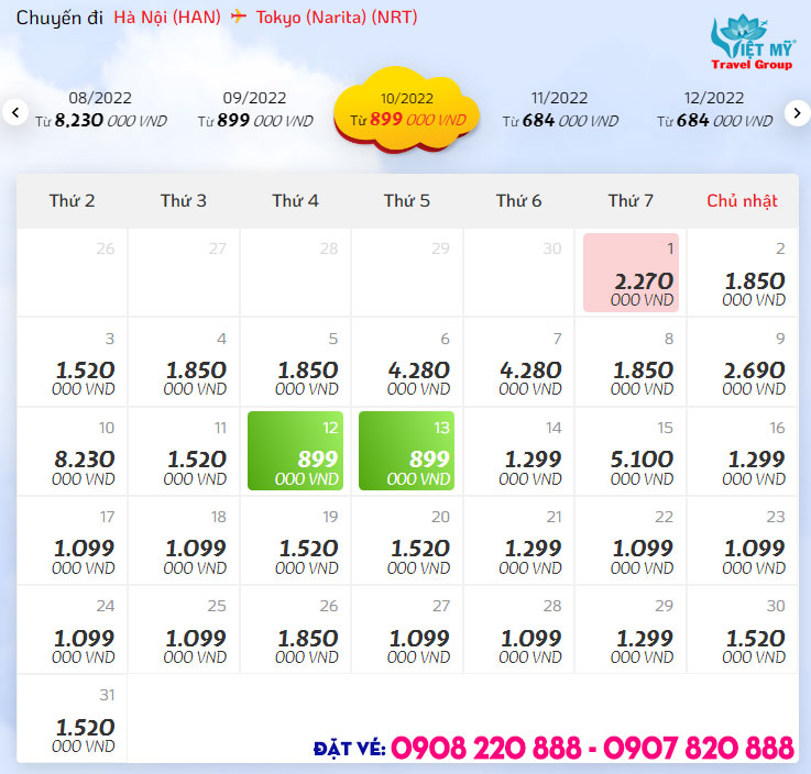 Bảng giá vé máy bay Vietjet từ Hà Nội đi Tokyo