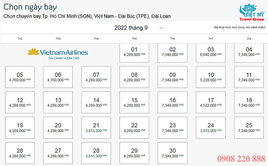 Giá vé Vietnam Airlines từ Tân Sơn Nhất đi Taipei Đài Loan