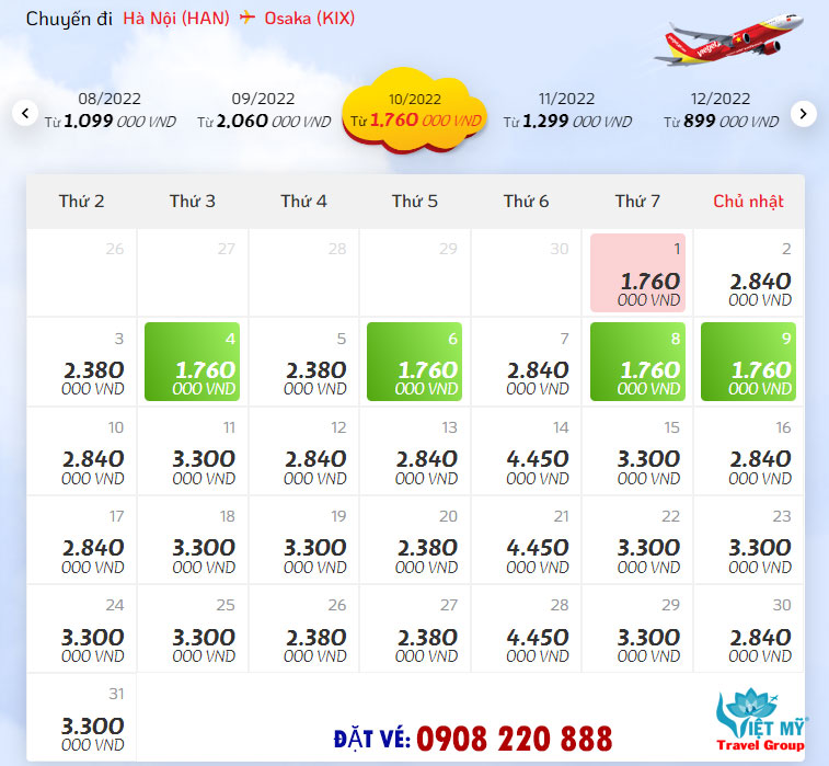 Giá vé máy bay từ Nội Bài đến Kansai hãng Vietjet
