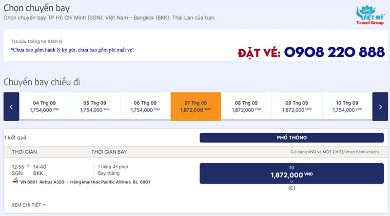Giá vé máy bay từ TP.HCM - Bangkok của Pacific Airlines