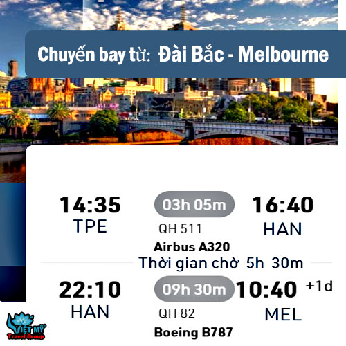 Hành trình bay nối chuyến Đài Bắc - Hà Nội - Melbourne