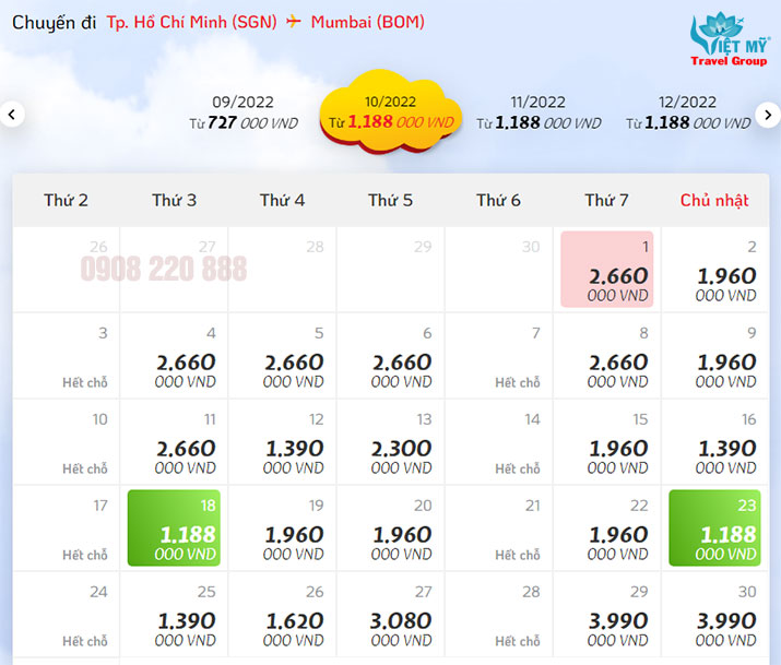 Bảng giá vé máy bay Sài Gòn đi Mumbai hãng Vietjet Air