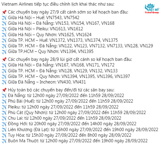 Các chuyến bay bị hủy của hãng Vietnam Airlines do bão số 4