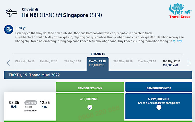 Giá vé từ Hà Nội đi Singapore hãng Bamboo Airways 