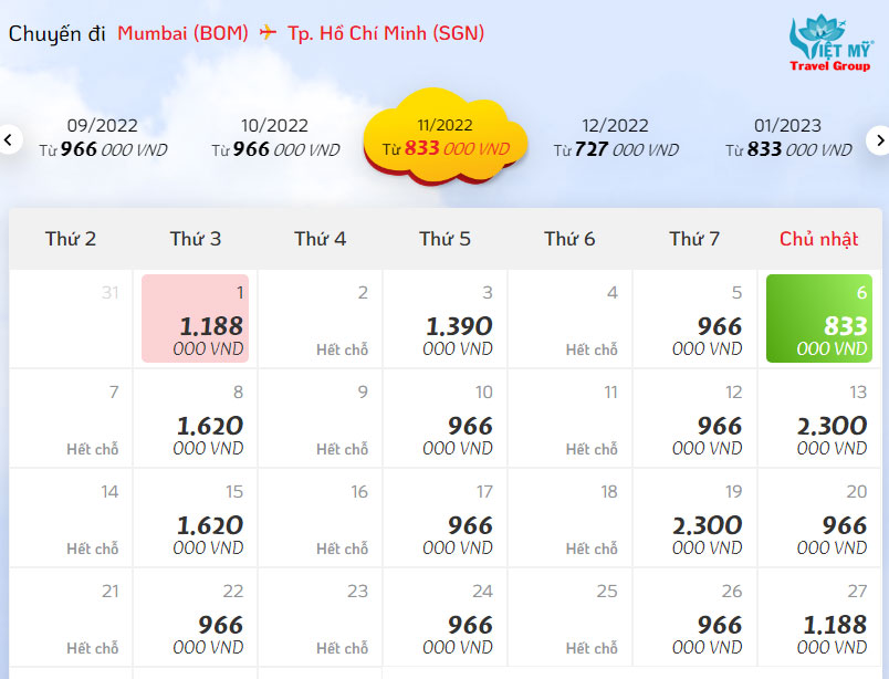 Giá vé từ Mumbai (BOM) Ấn Độ đến TP.HCM (SGN)