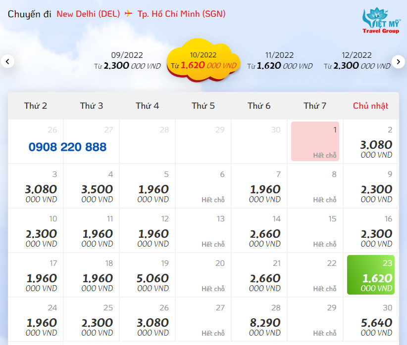 Giá vé từ New Delhi (DEL) Ấn Độ đến TP.HCM (SGN) 