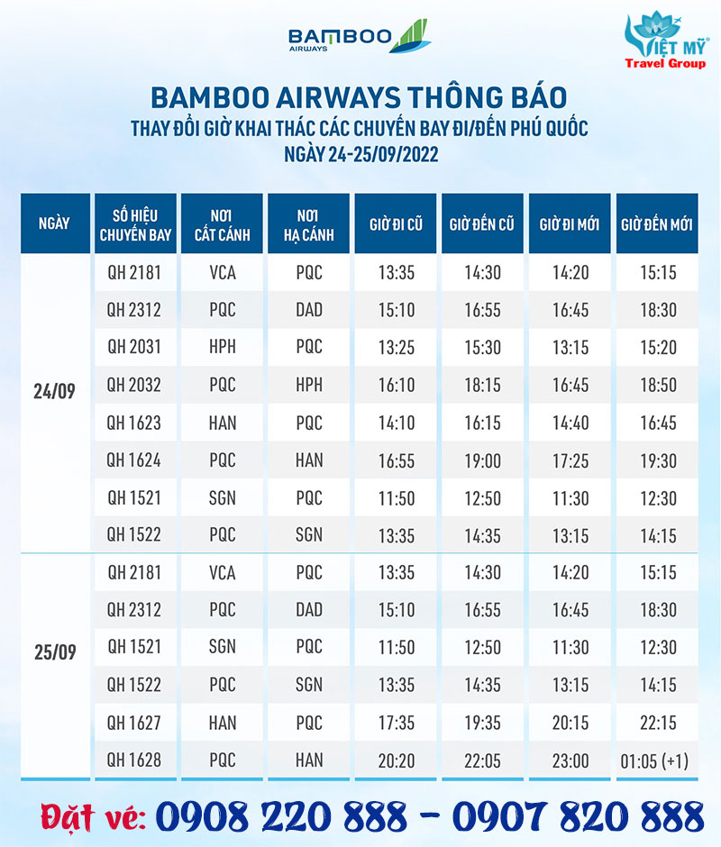 Thay đổi lịch bay Phú Quốc của Bamboo Airways