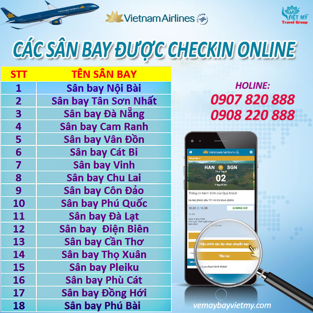 Các sân bay có dịch vụ Checkin online của VNA