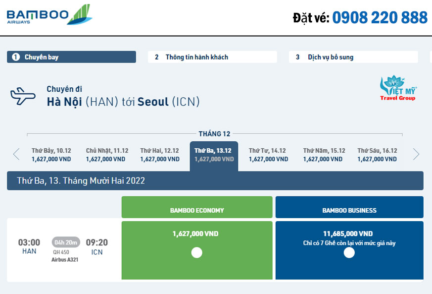 Giá vé từ Hà Nội đi Seoul hãng Bamboo Airways