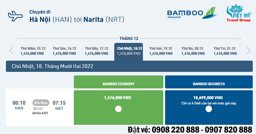 Mua vé từ Hà Nội đến Narita hãng Bamboo Airways