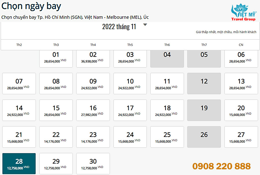 Giá vé máy bay từ TPHCM đi Melbourne tháng 11
