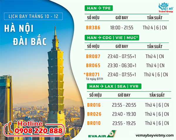 Lịch bay đi Đài Bắc của EVA AIR từ tháng 10/2022