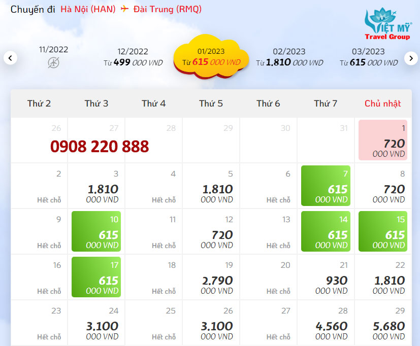 Giá vé máy bay hãng Vietjet từ Hà Nội đi Đài Trung