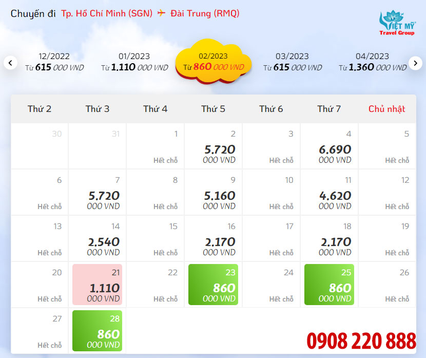 Giá vé máy bay hãng Vietjet từ Sài Gòn đi Đài Trung