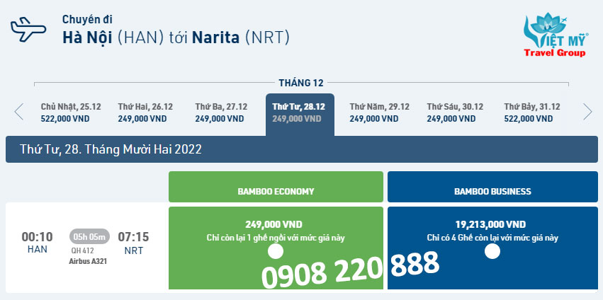 Giá vé máy bay từ Hà Nội đi Narita của Bamboo
