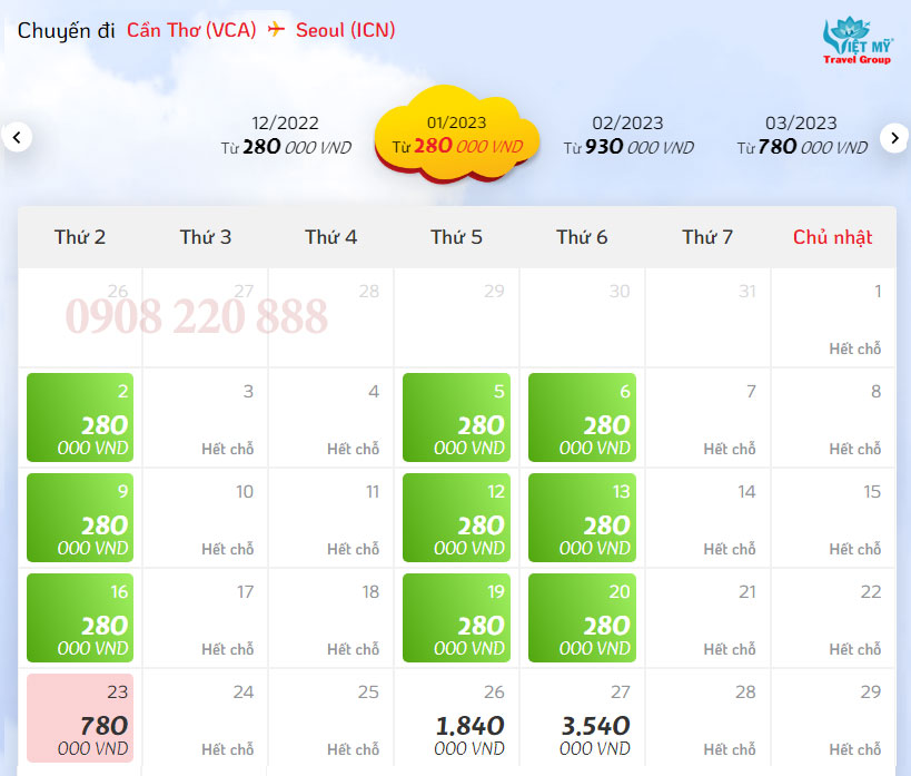 Giá vé máy bay đường bay thẳng Cần Thơ đi Seoul hãng Vietjet Air