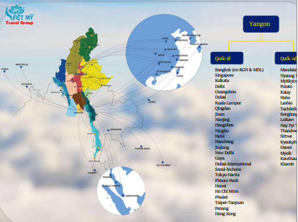 Sơ đồ các hành trình khai thác của hãng Myanmar Airways