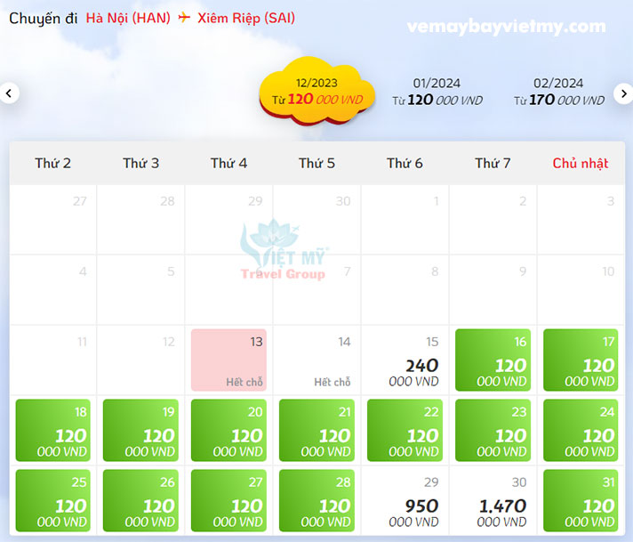 Bảng giá vé máy bay Hà Nội - Siem Reap của Vietjet Air